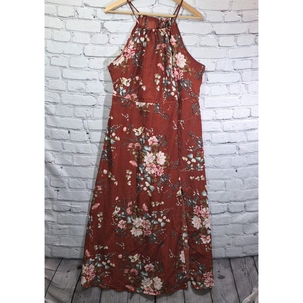 Shien Maxi Dress Womens Sz 0XL Rust Floral Breezy Slit High-Neck Summer